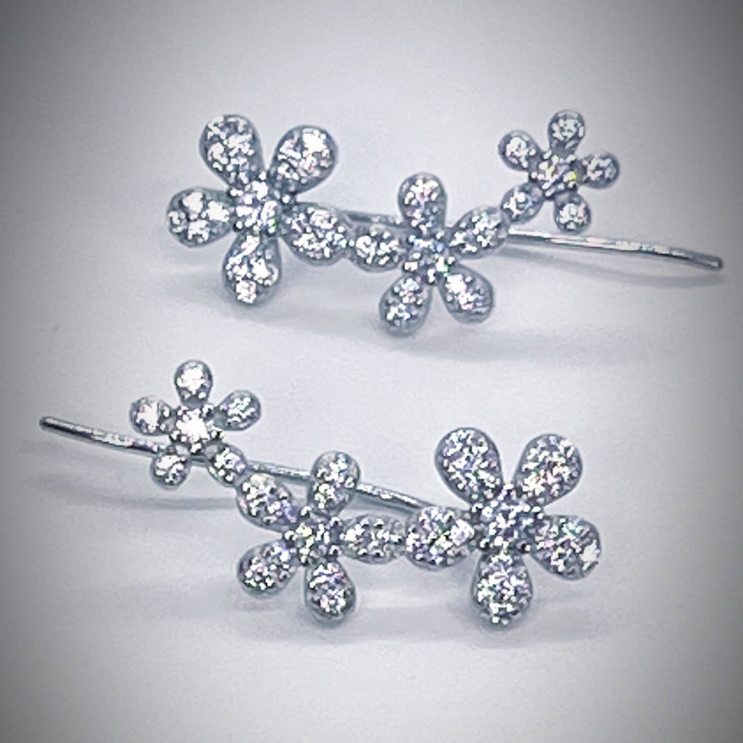 Flower Climber Earrings Sterling Silver 925 Cubic Zirconia