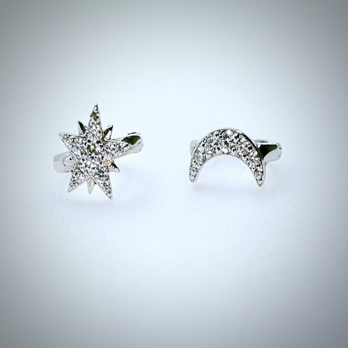 Moon and Star Cubic Zirconia Asymmetric Huggie Hoop Sterling Sliver 925 Earrings