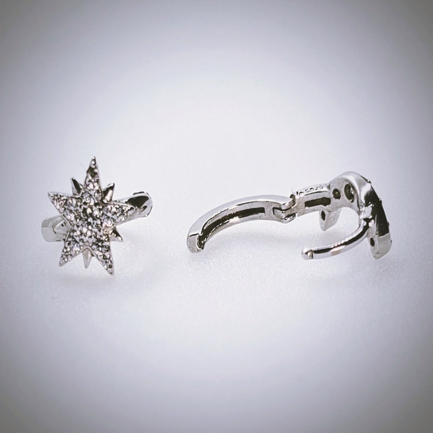 Moon and Star Cubic Zirconia Asymmetric Huggie Hoop Sterling Sliver 925 Earrings