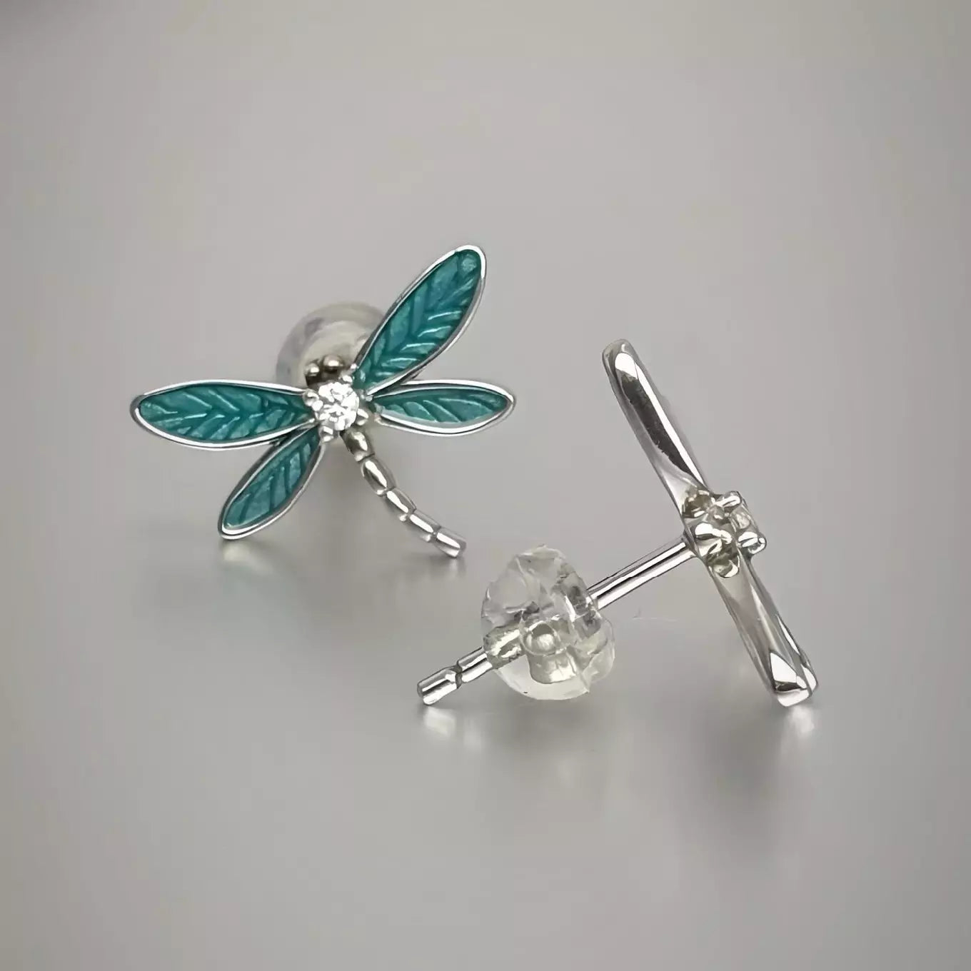 Dragonfly Stud Earrings Sterling Silver 925 Blue Green enamel wings with cubic zirconia stone.