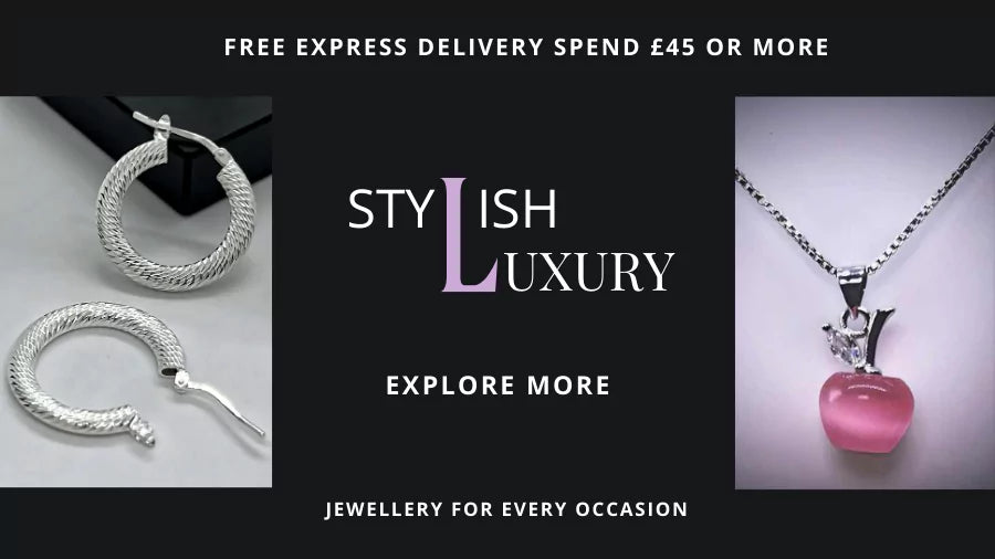 Jewellery Aesthetics, silver hoop earrings diamond cut design and a pink apple pendant, featuring 'Stylish Luxury' branding.