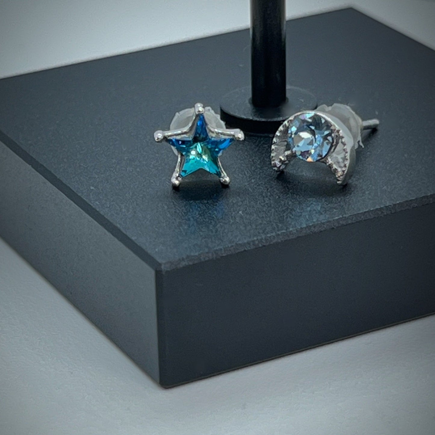 Blue Cubic Zirconia Star and Moon Asymmetric Earrings Sterling Silver 925
