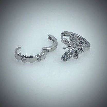 Bee and Honeycomb Asymmetric Huggie Hoop Earrings Sterling Silver 925 with Zircon sparkle.