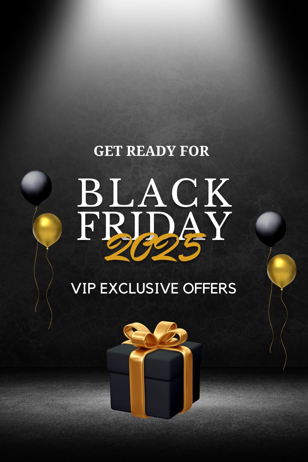 Black Friday 2025 advertisement with gift box and balloons on a dark background