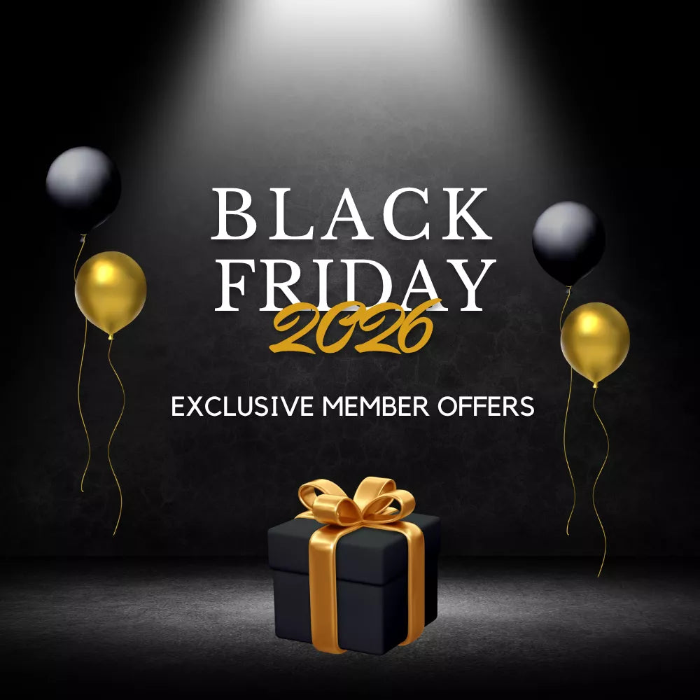 Black Friday 2026 promotional image with black and gold balloons and a gift box on a dark background displaying “Exclusive Member Offers".
