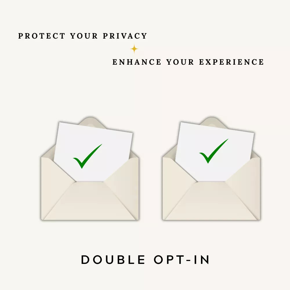 Two cream envelopes with white cards and green check marks, shown with the text “Protect Your Privacy, Enhance Your Experience” and “Double Opt-In” to represent verified email consent at Desire & Joy Jewellery
