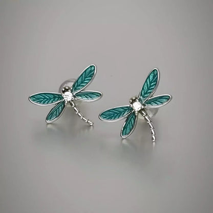 Dragonfly Stud Earrings Sterling Silver 925 Blue Green enamel wings and cubic zirconia stone