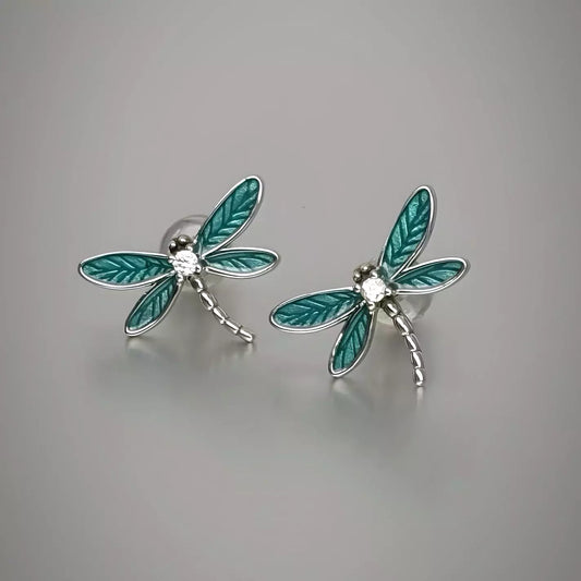 Dragonfly Stud Earrings Sterling Silver 925 Blue Green enamel wings and cubic zirconia stone