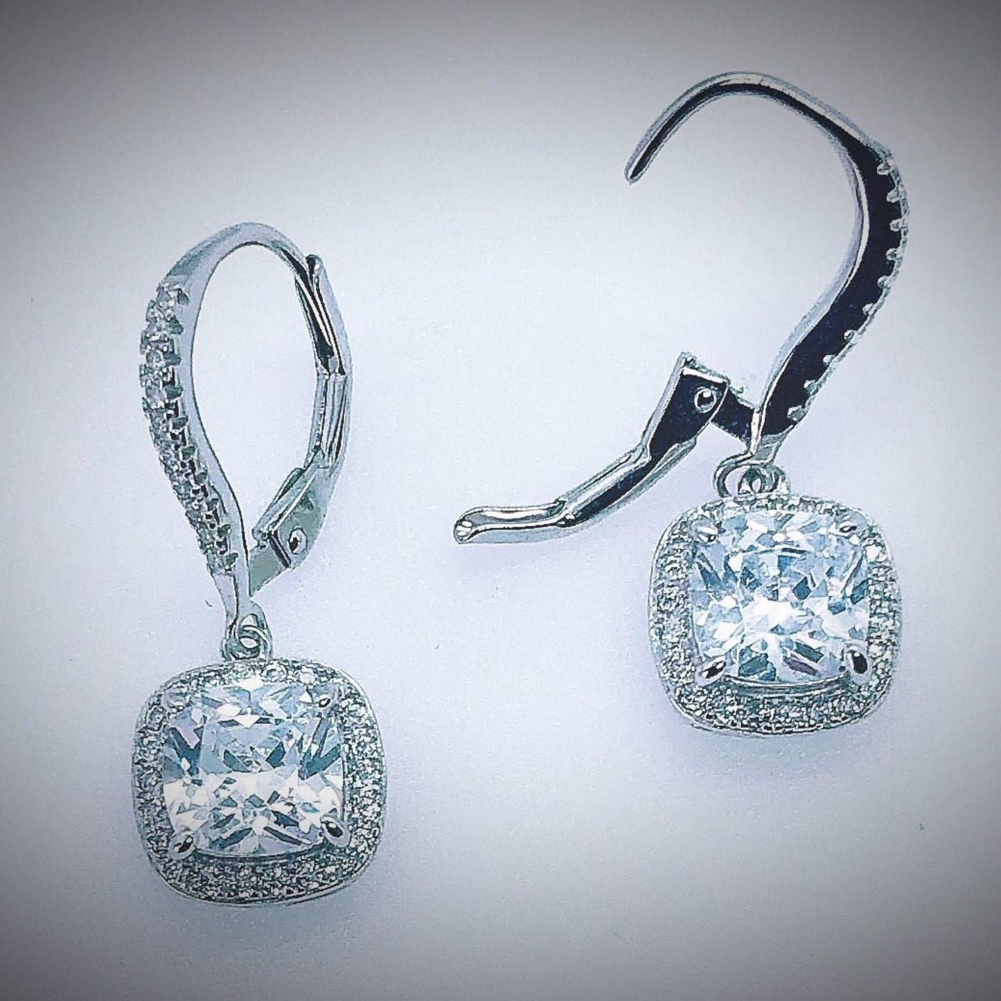 White Cubic Zirconia Hoop Drop Earrings Sterling Silver 925