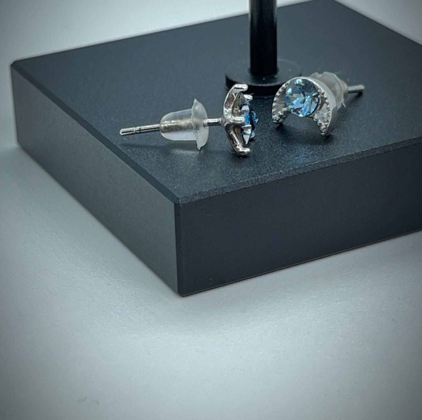 Blue Cubic Zirconia Star and Moon Asymmetric Earrings Sterling Silver 925