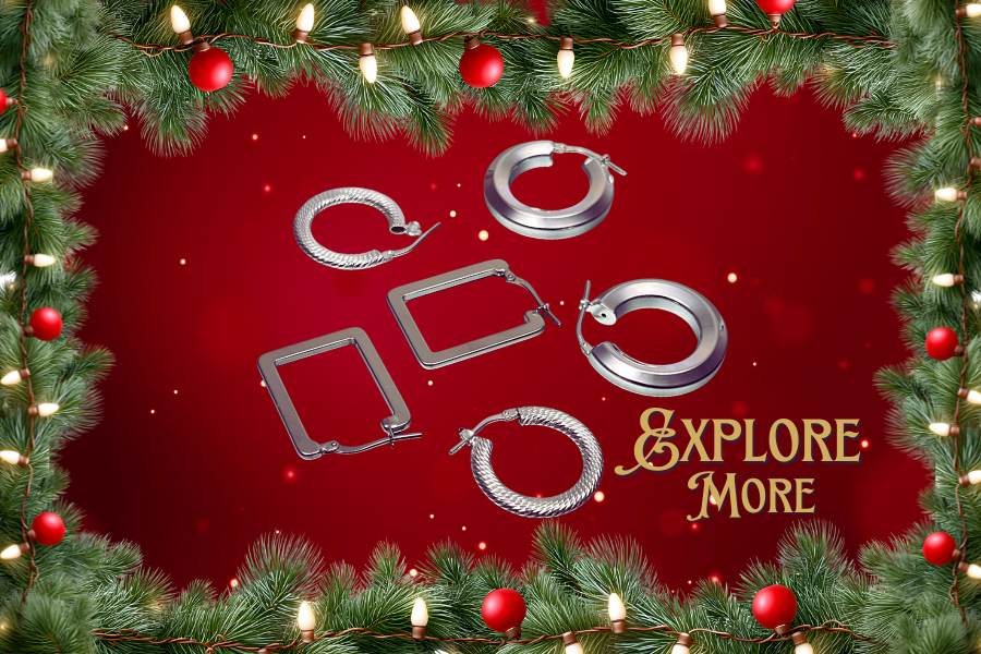 Jewellery Aesthetics. Silver hoop earrings on a red background with Christmas decorations. Explore More.