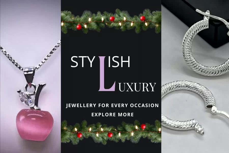 Jewellery For Every Occasion.  necklace, pink pendant, and silver hoop earrings on a black background with festive lights. Explore Explore.