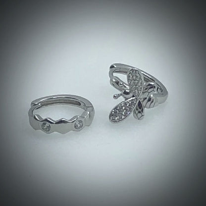 Bee and Honeycomb Asymmetric Huggie Hoop Earrings Sterling Silver 925 with Zircon sparkle.