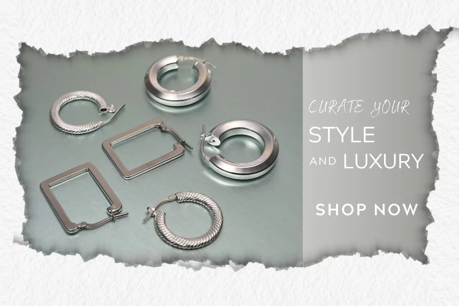 Sterling Silver 925, Hoop Earrings, Diamond Cut, Rectangle, and Chunky styles on light-grey background. 