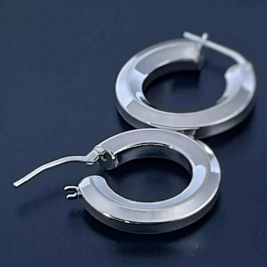 Chunky Sterling Silver 925 Hoop Earrings tube-shape Hexagon placed on a black background.